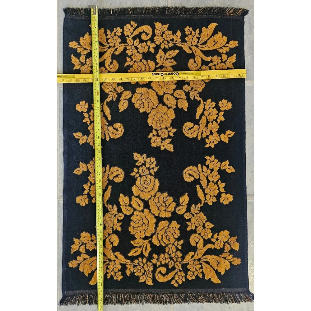 Vintage Fieldcrest Floral Rose Bath Towel Black Gold Fringed Reversible 25x40